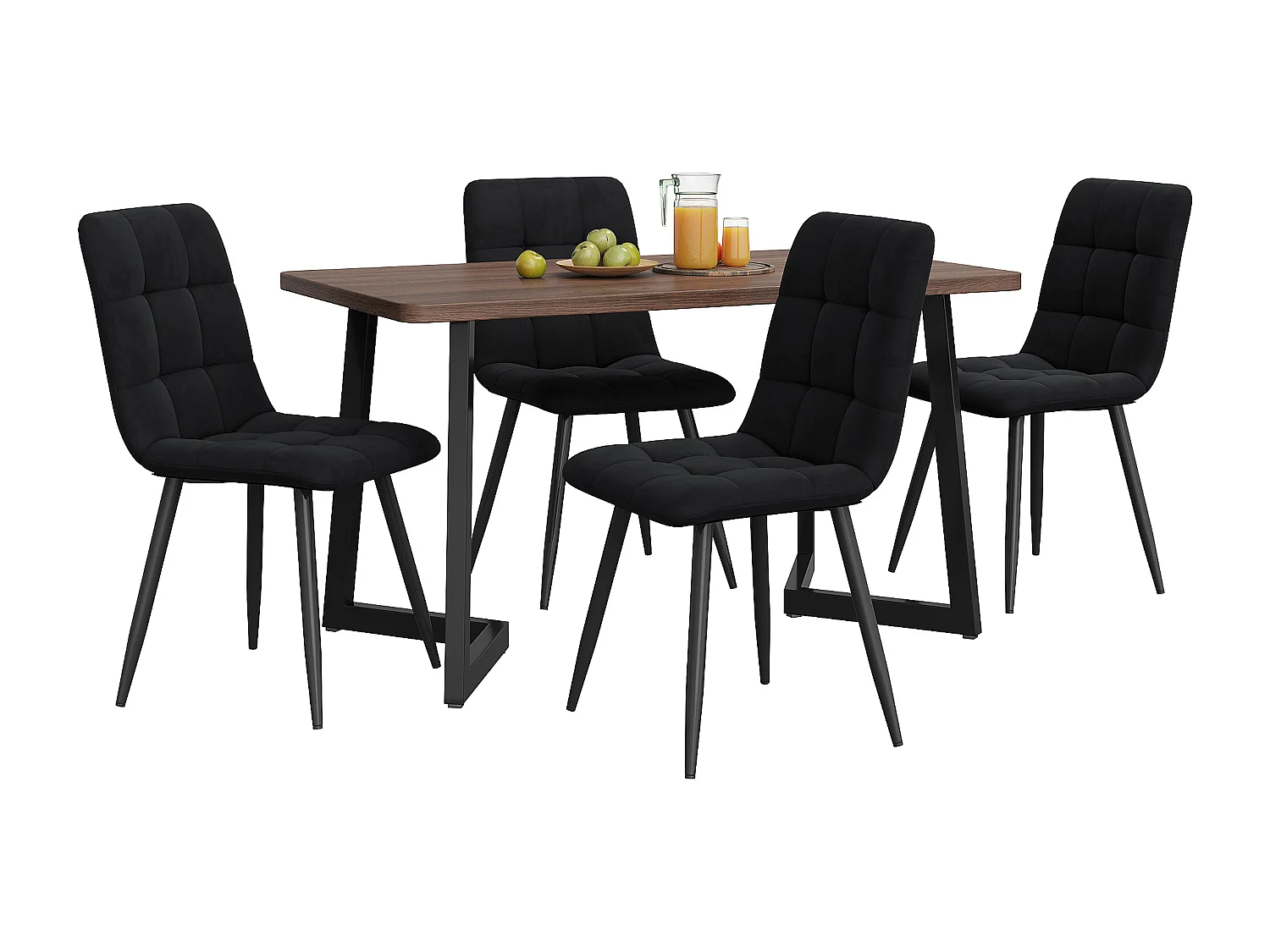 Set van 117x68 cm tafel en 4 zwarte fluwelen stoelen - zwarte metalen tafelpoten - walnootkleurig MDF-blad