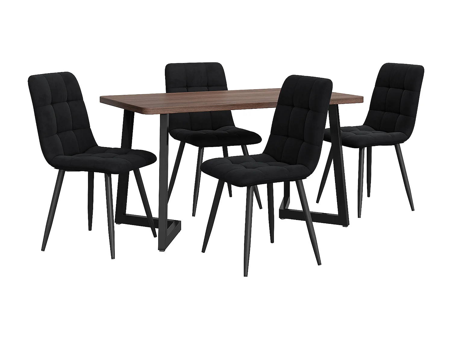 Ensemble table à manger et 4 chaises 117x68x75 cm, design moderne, pieds en métal noir, plateau en MDF, noyer