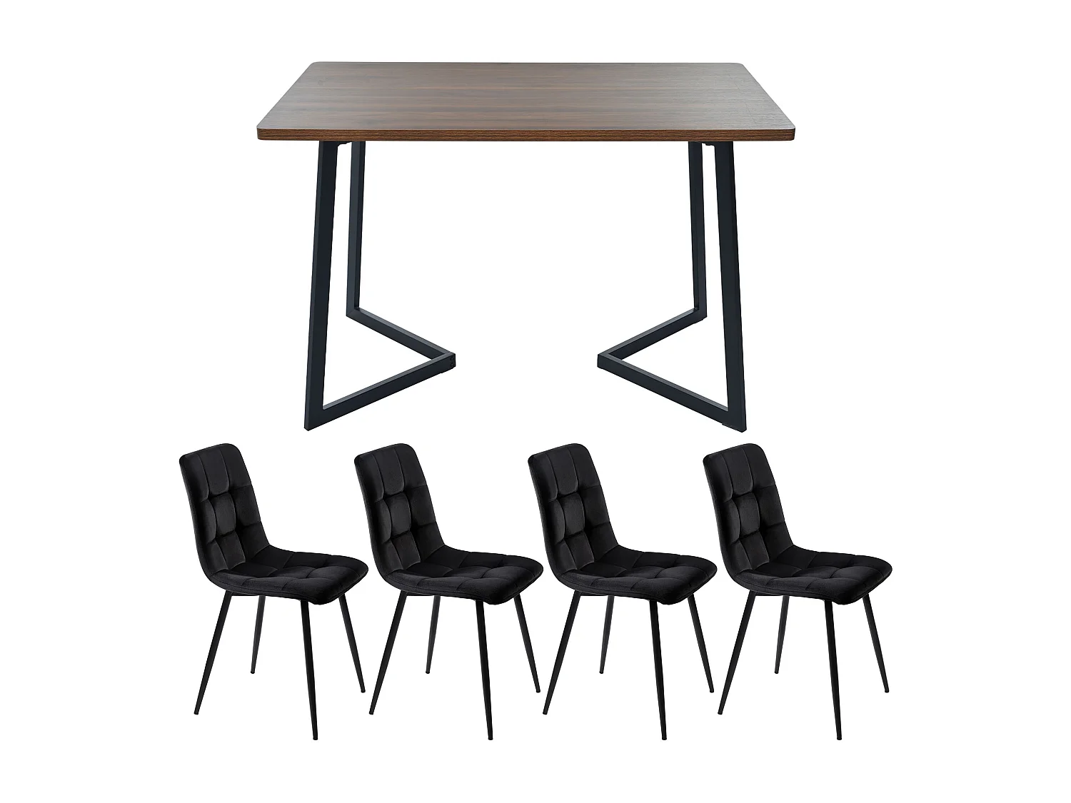 Ensemble table à manger et 4 chaises 117x68x75 cm, design moderne, pieds en métal noir, plateau en MDF, noyer