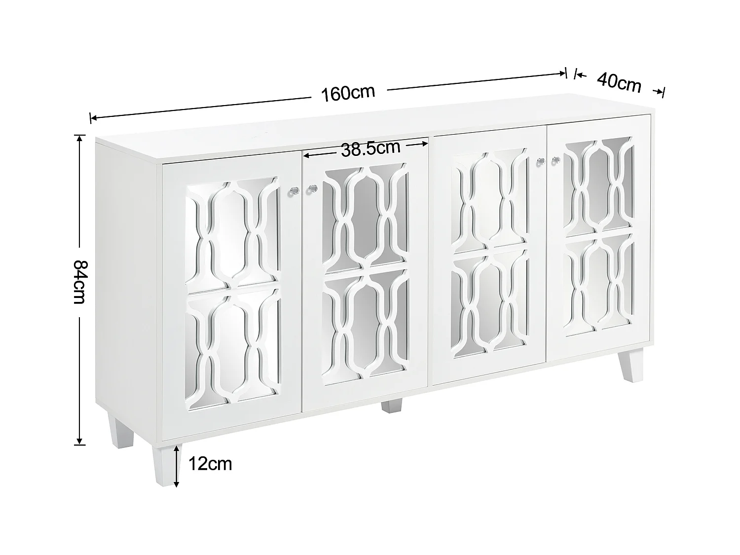 Buffet salle à manger bois avec 4 portes miroir buffet salon blanc 160x40x84 cm - étagères réglables