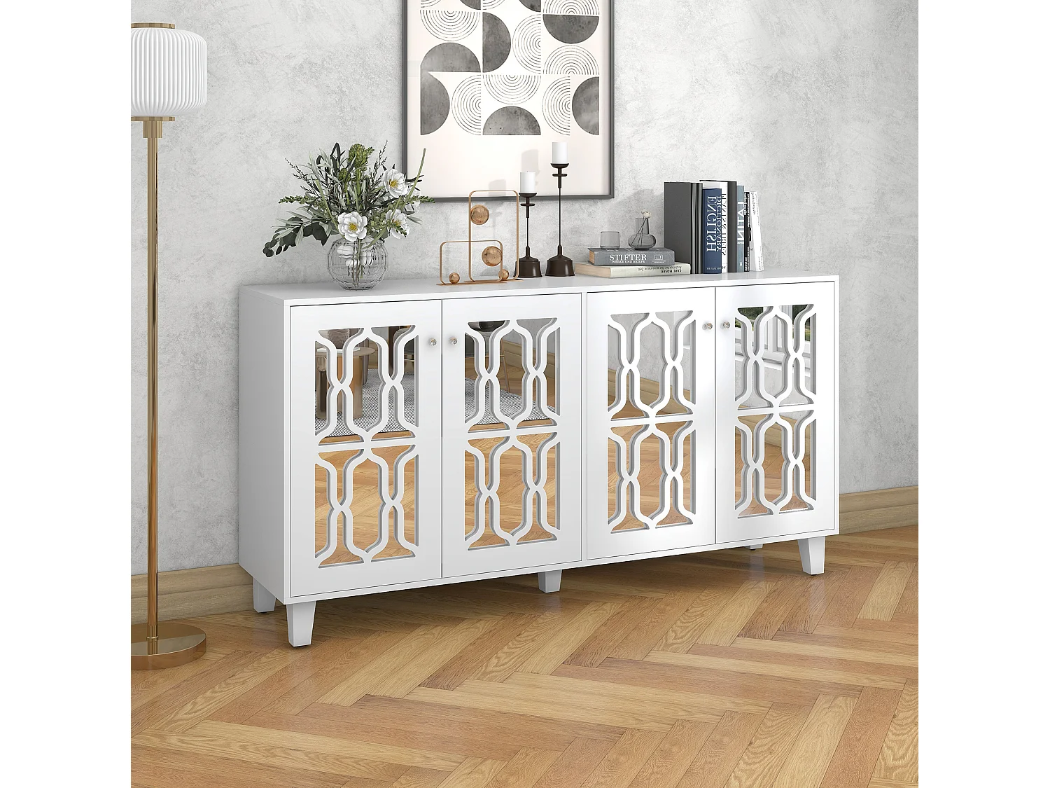 Buffet avec 4 portes miroir buffet salon - bois - blanc 160x40x84 cm - étagères réglables