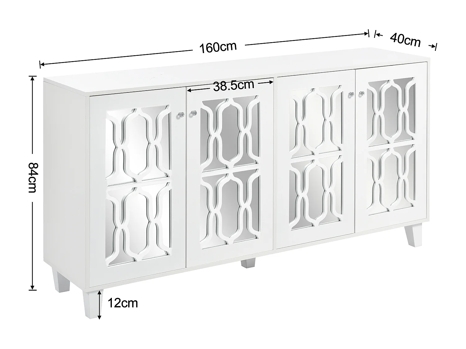 Buffet 160x40x84 cm, 4 portes, étagère intérieure réglable, MDF, blanc
