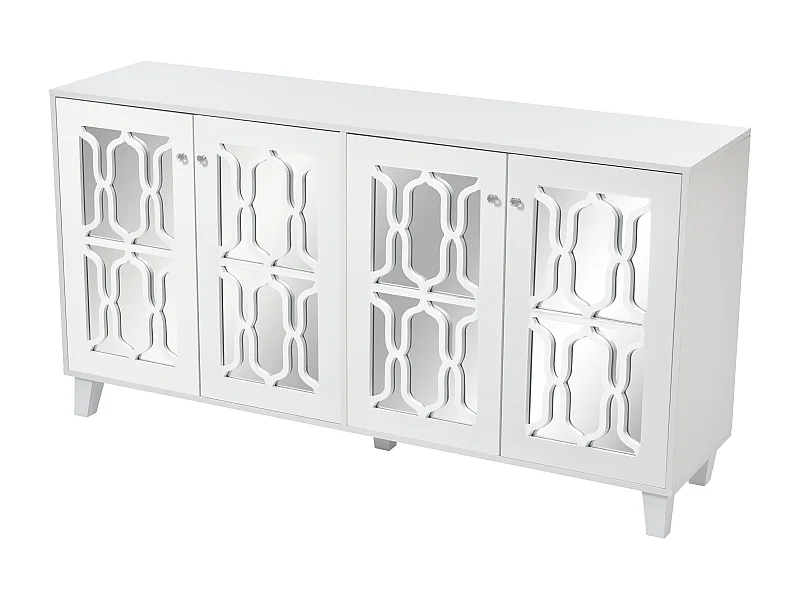 Credenza da pranzo con 4 ante a specchio - maniglie in cristallo e ripiani regolabili - legno - bianco (160x40x84cm)