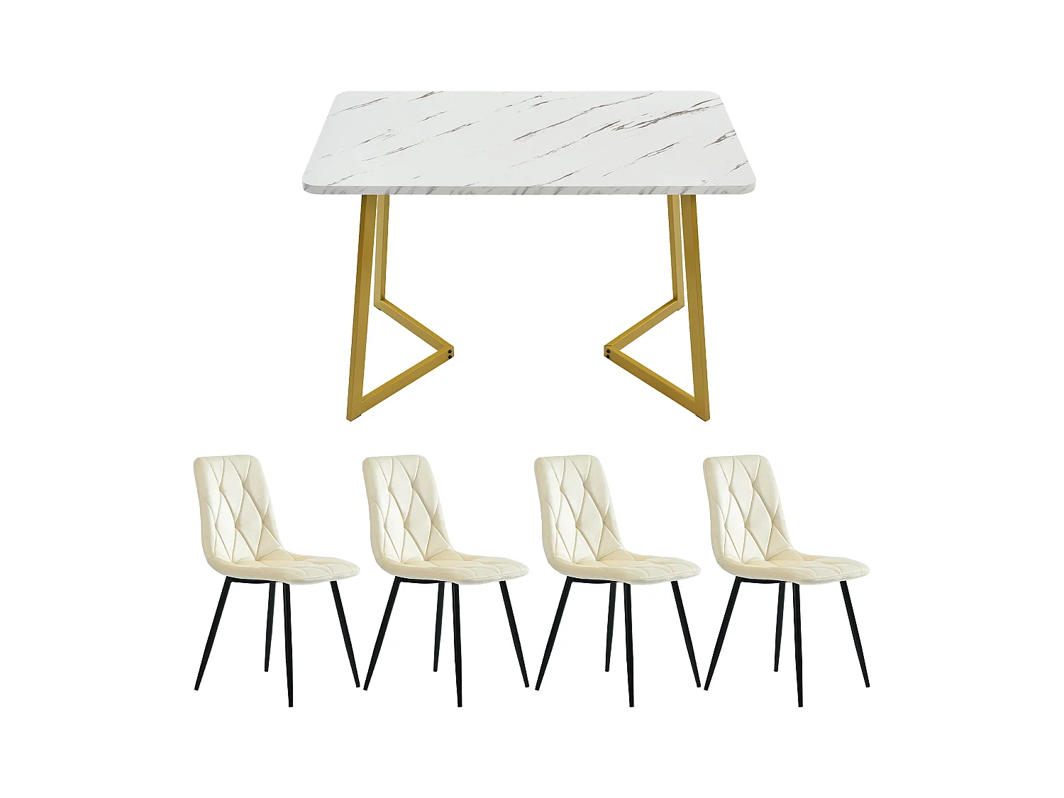 Ensemble table rectangulaire 117x68 cm et 4 chaises velours beige - pieds de table en métal doré - plateau en MDF blanc