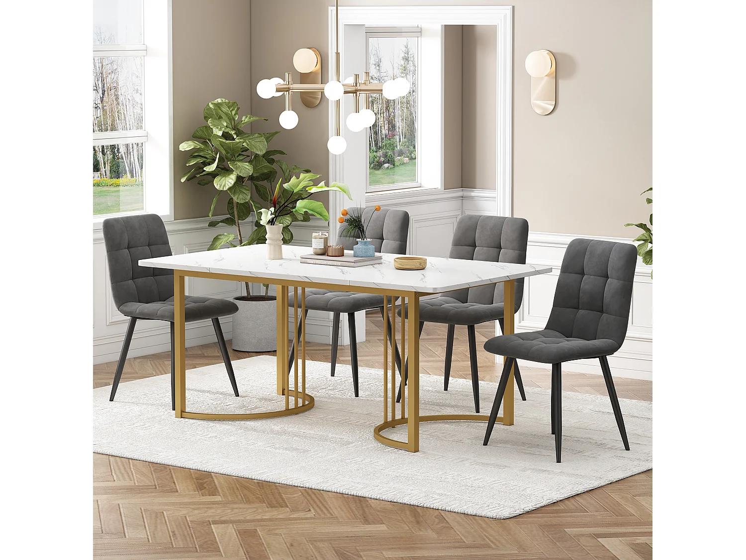 Ensemble table et 4 chaises 140x80x75 cm, plateau motif marbre, pieds métalliques réglables, MDF blanc