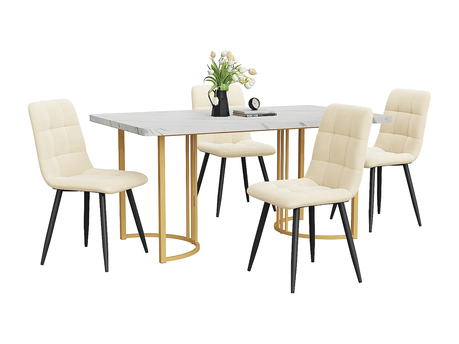 Conjunto de mesa 140x80 cm y 4 sillas de terciopelo beige - patas de mesa de metal dorado - tablero de MDF blanco