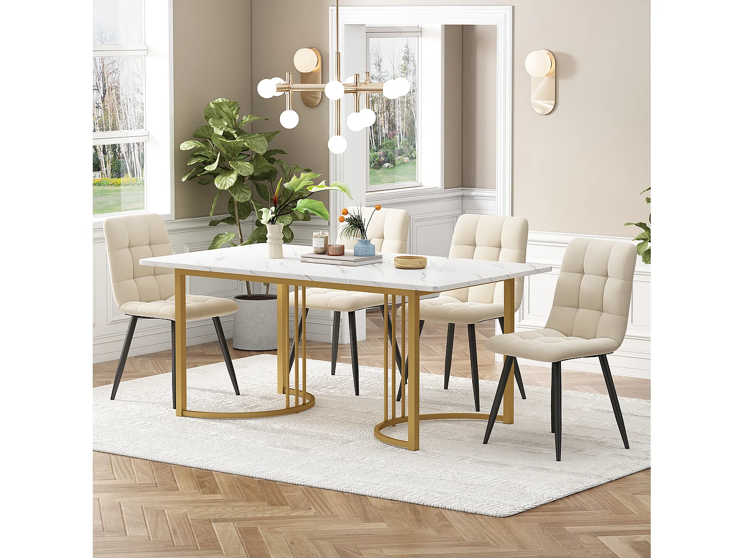 Ensemble table et 4 chaises 140x80x75 cm, plateau effet marbre, pieds métal réglables, MDF blanc