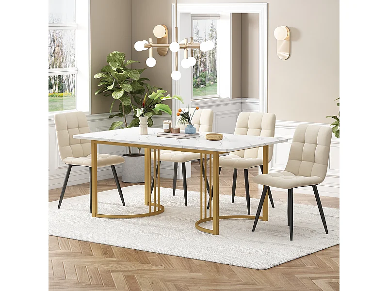 Conjunto de mesa 140x80 cm y 4 sillas de terciopelo beige - patas de mesa de metal dorado - tablero de MDF blanco
