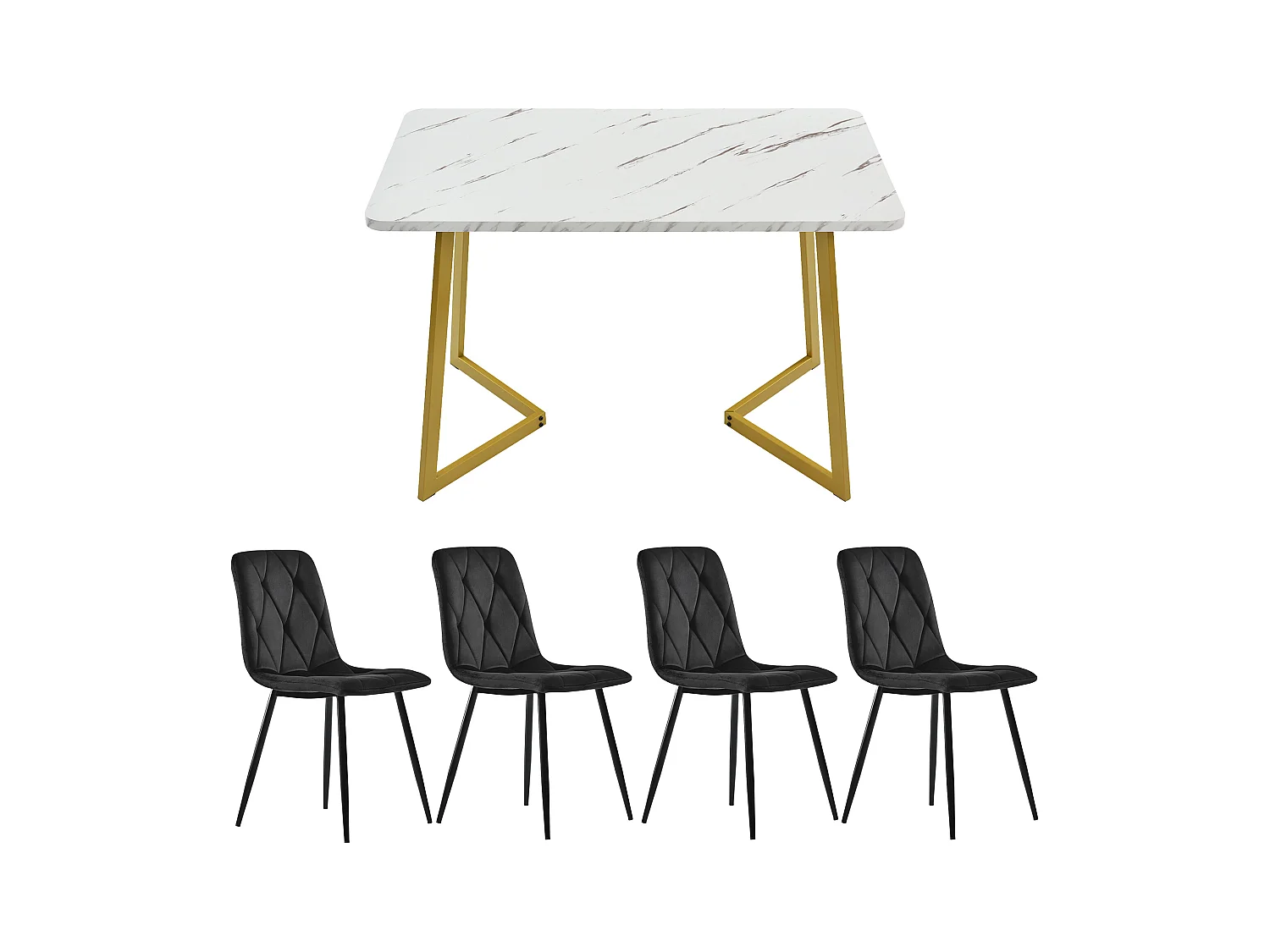 Rechthoekige tafelset 117x68 cm en 4 zwarte fluwelen stoelen - gouden metalen tafelpoten - wit MDF-blad