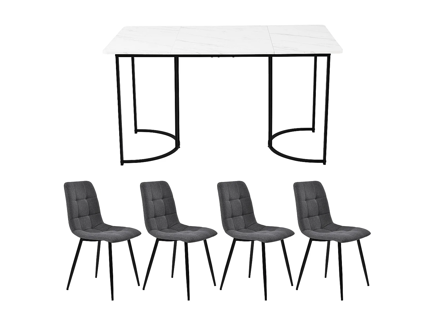 Ensemble table 140x80cm et 4 chaises lin gris foncé - pieds de table en métal noir - plateau en MDF blanc