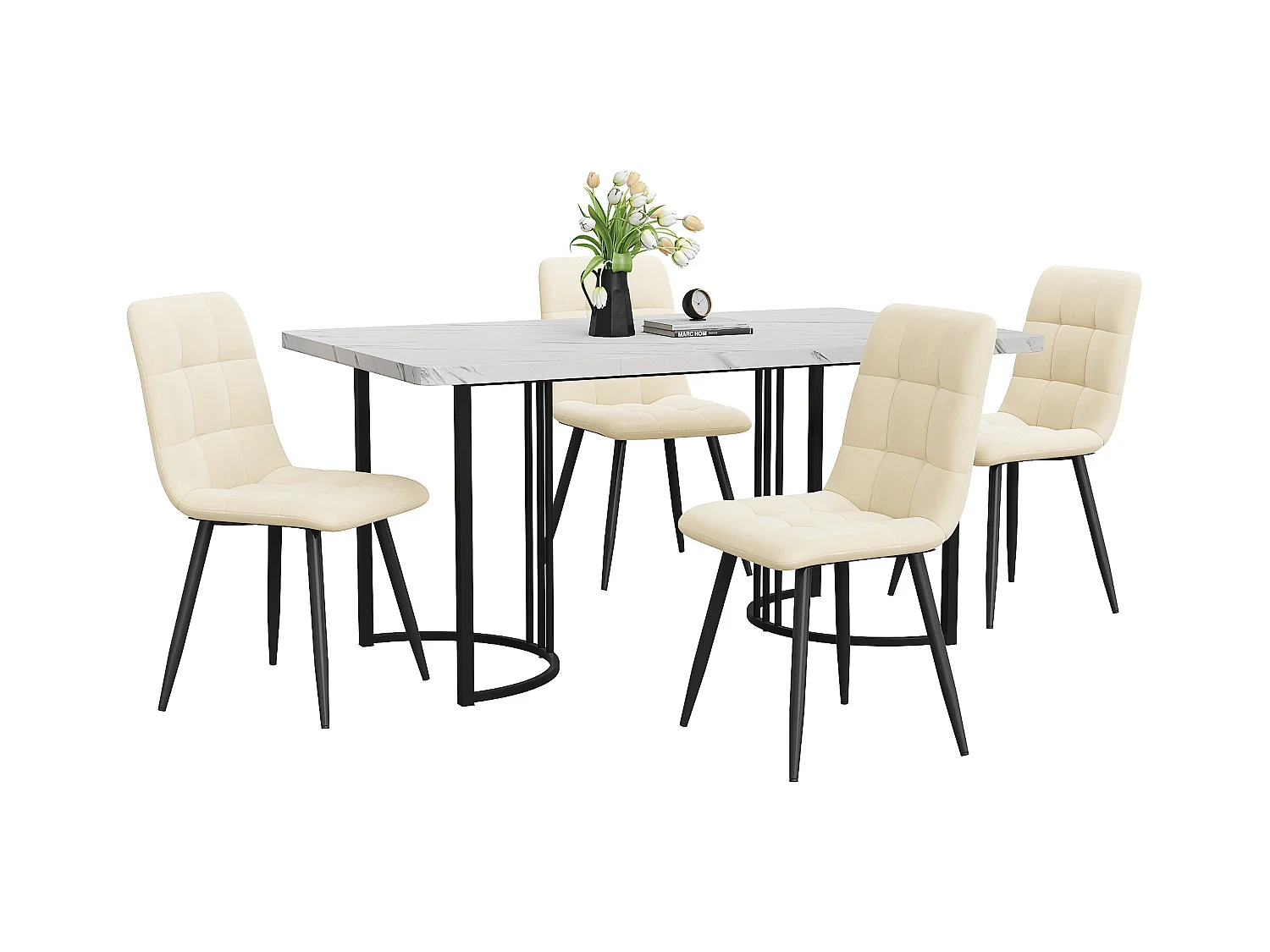 Set van 140x80 cm tafel en 4 beige fluwelen stoelen - zwarte metalen tafelpoten - wit MDF blad