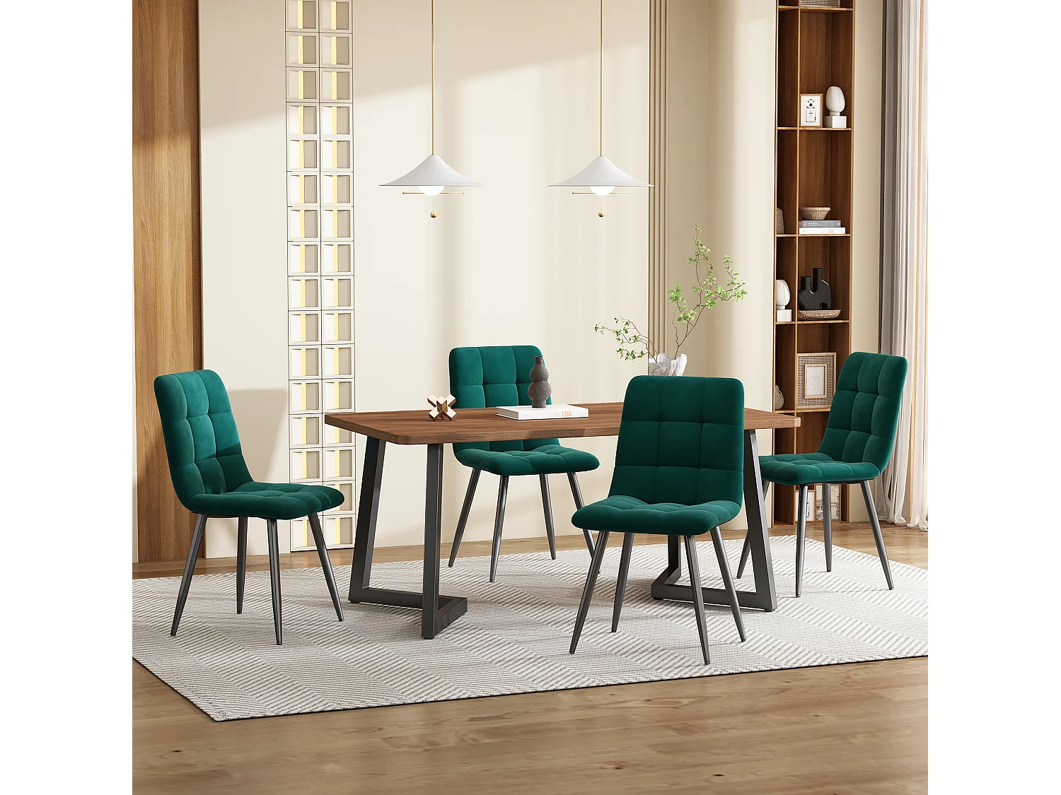 Ensemble table 117x68 cm et 4 chaises velours vert foncé - pieds de table en métal noir - plateau en MDF couleur noyer