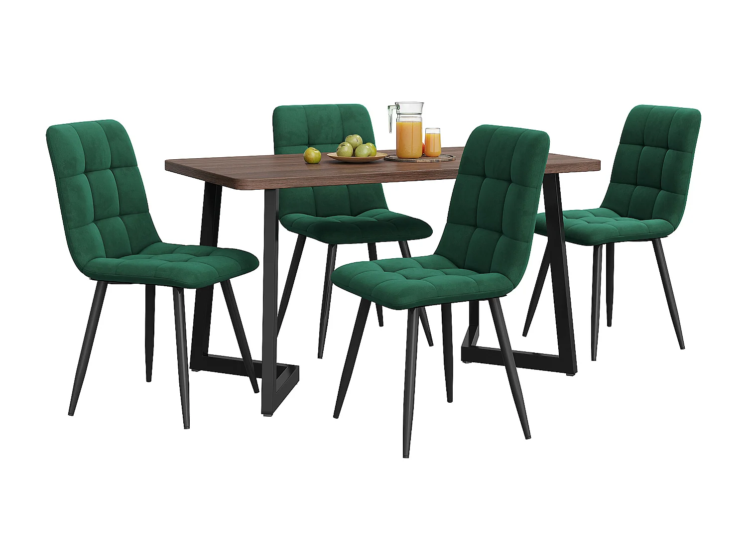 Ensemble table 117x68 cm et 4 chaises velours vert foncé - pieds de table en métal noir - plateau en MDF couleur noyer