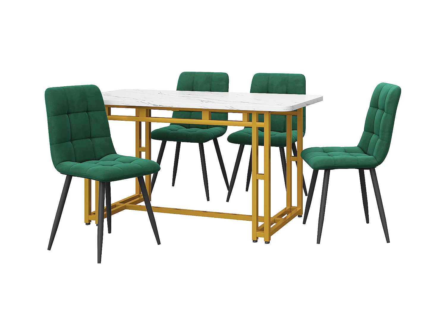 Ensemble table rectangulaire 120x70 cm et 4 chaises velours vert foncé - pieds de table en métal doré - plateau en MDF blanc