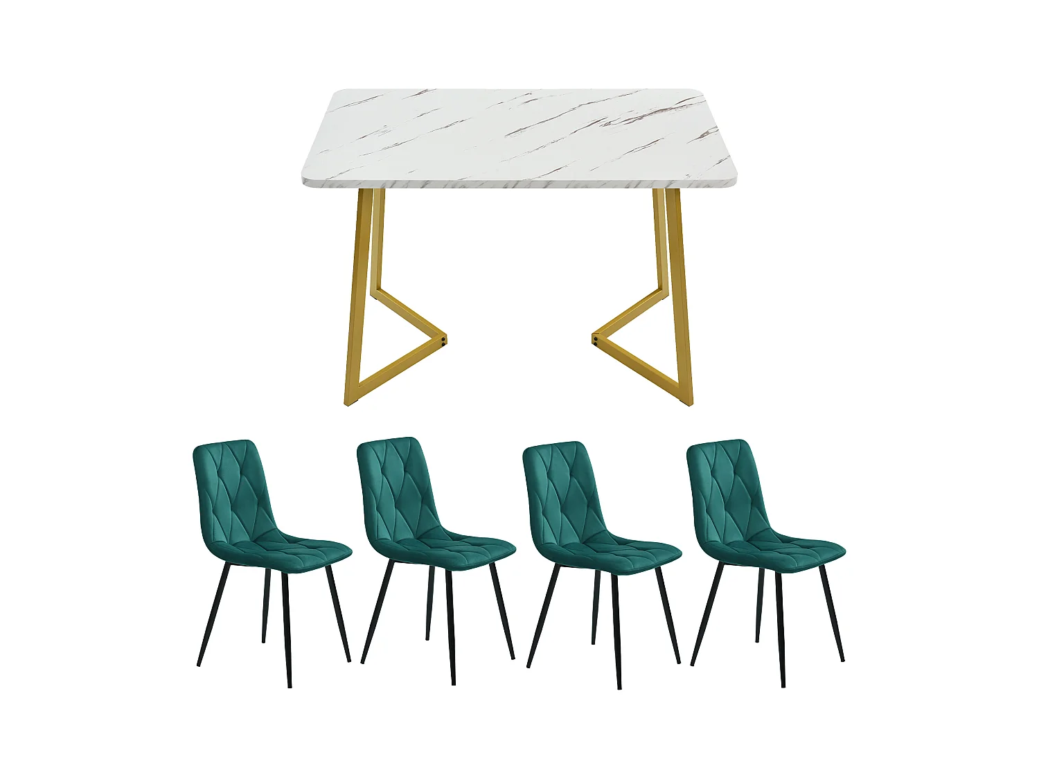Ensemble table rectangulaire 117x68 cm et 4 chaises velours vert foncé - pieds de table en métal doré - plateau en MDF blanc