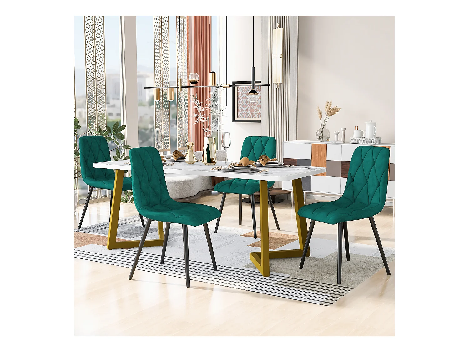 Ensemble table rectangulaire 117x68 cm et 4 chaises velours vert foncé - pieds de table en métal doré - plateau en MDF blanc