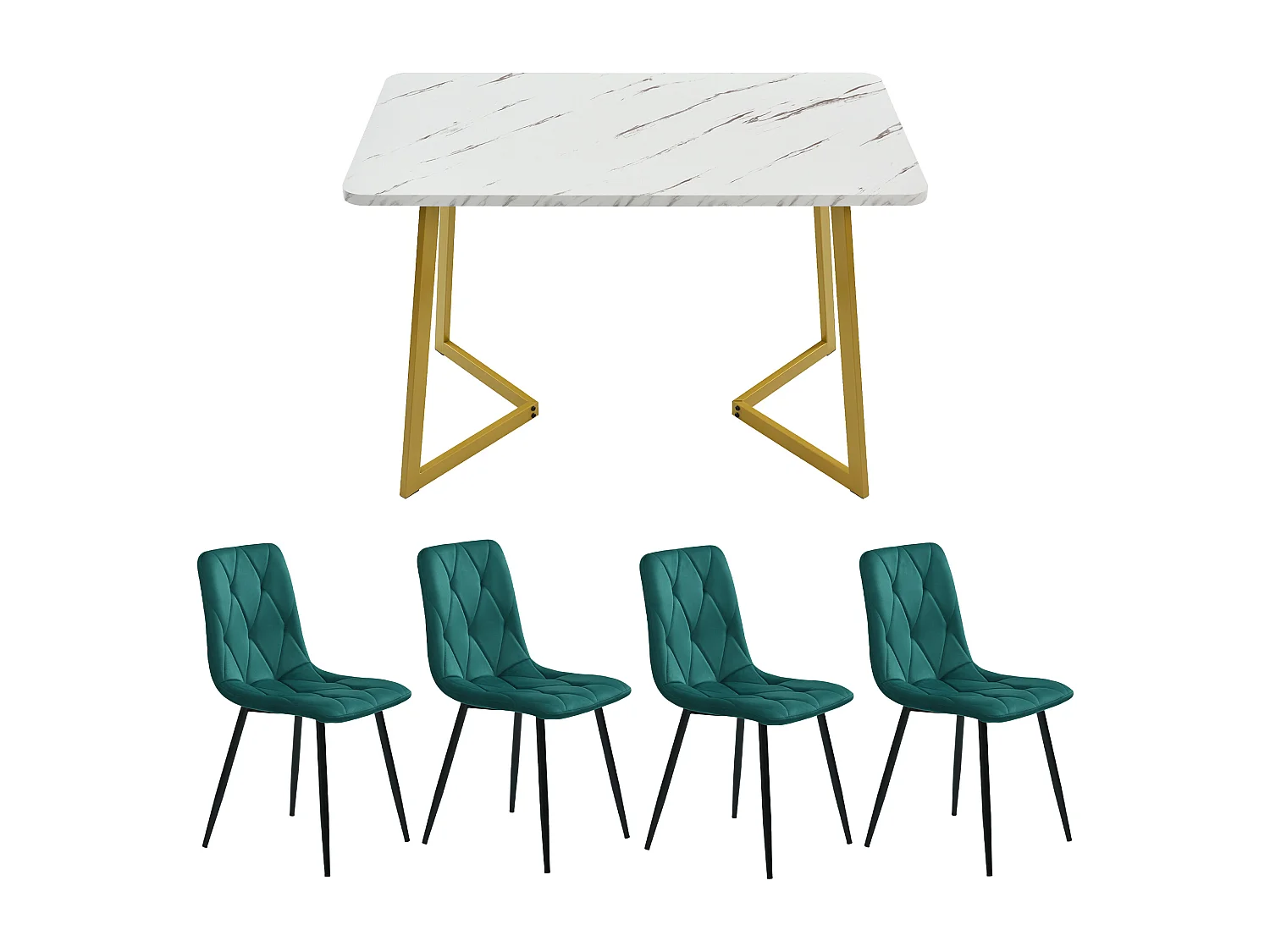 Ensemble table à manger rectangulaire 117x68x75 cm avec 4 chaises, assises en velours, pieds en métal, MDF, vert