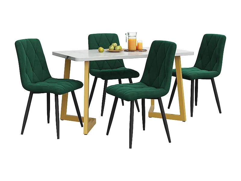 Ensemble table à manger rectangulaire 117x68x75 cm avec 4 chaises, assises en velours, pieds en métal, MDF, vert