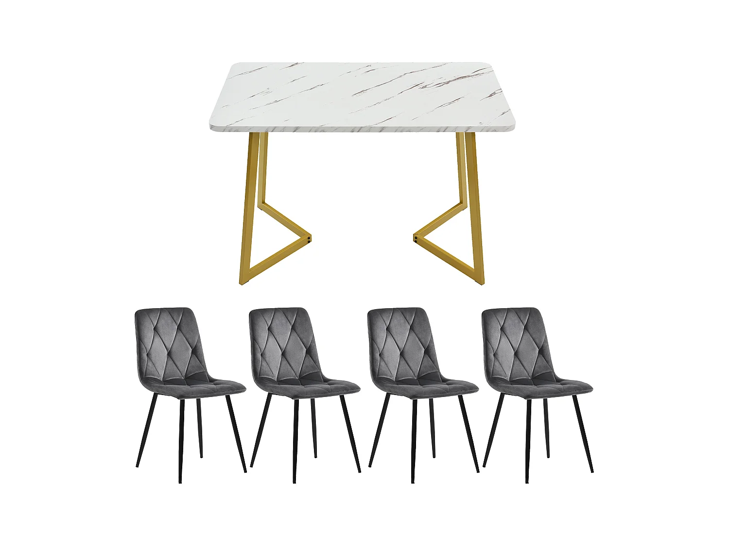 Ensemble table rectangulaire 117x68 cm et 4 chaises velours gris foncé - pieds de table en métal doré - plateau en MDF blanc
