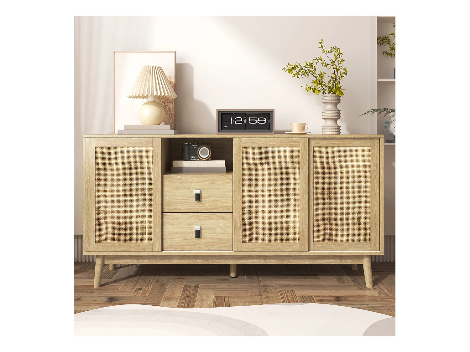Buffet 155x38x80 cm avec porte coulissante en rotin + 2 tiroirs - meuble de rangement - bois - bois clair