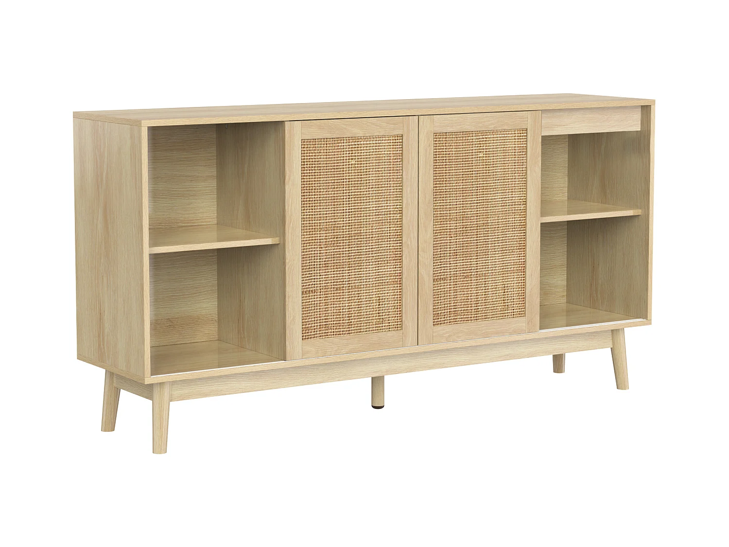 Buffet 155x38x80 cm avec porte coulissante en rotin + 2 tiroirs - meuble de rangement - bois - bois clair
