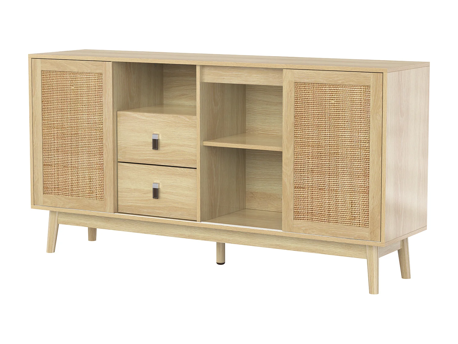 Buffet 155x38x80 cm avec porte coulissante en rotin + 2 tiroirs - meuble de rangement - bois - bois clair