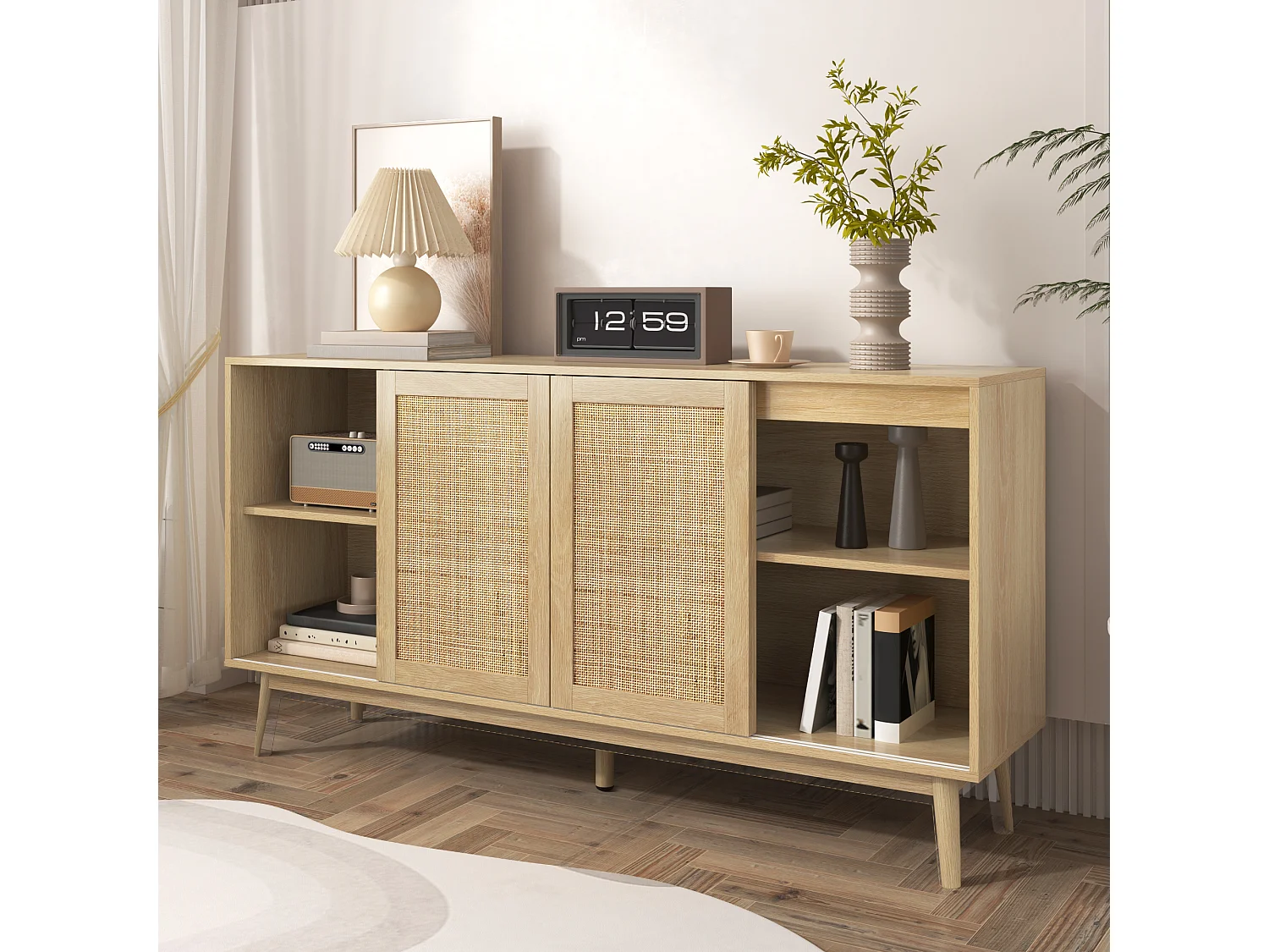 Buffetkast 155x38x80 cm, 3 schuifdeuren, 2 laden, grote opbergruimte, MDF en spaanplaat, hout