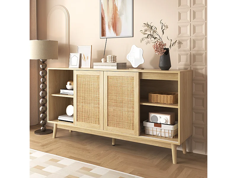 Buffet 155x38x80 cm avec porte coulissante en rotin + 2 tiroirs - meuble de rangement - bois - bois clair