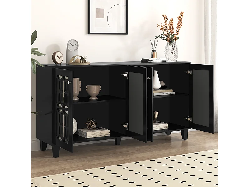 Buffet salle à manger bois avec 4 portes miroir buffet salon noir 160x40x84 cm - étagères réglables