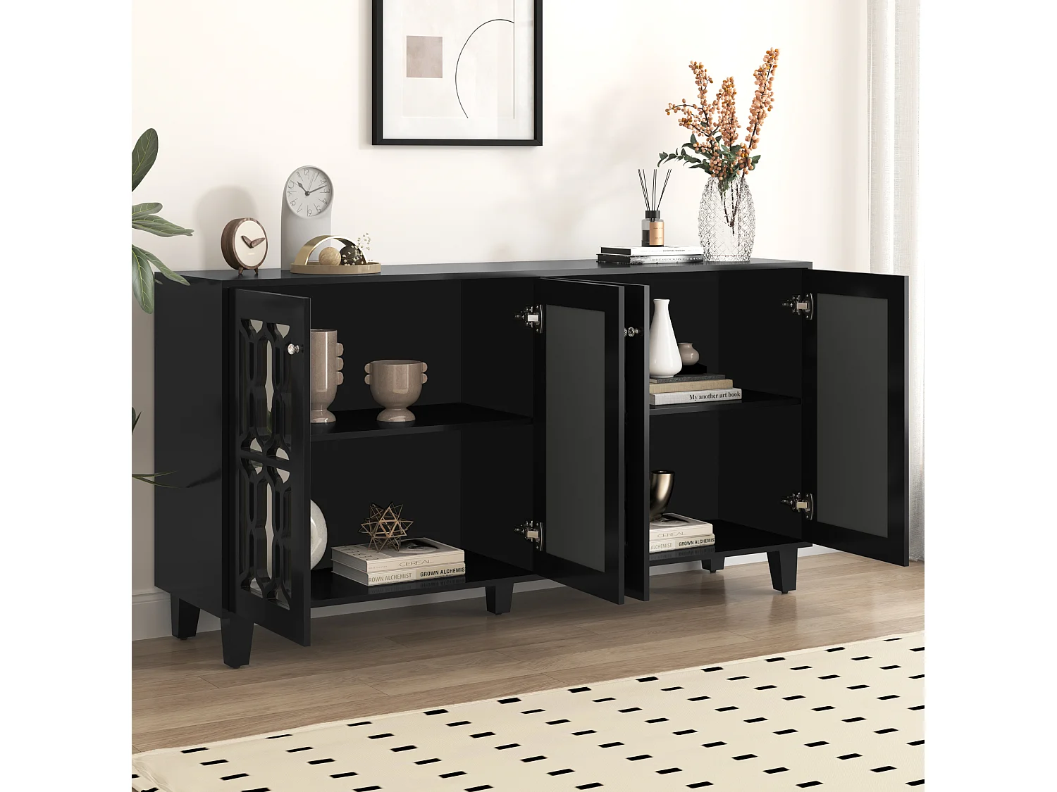 Buffet salle à manger bois avec 4 portes miroir buffet salon noir 160x40x84 cm - étagères réglables