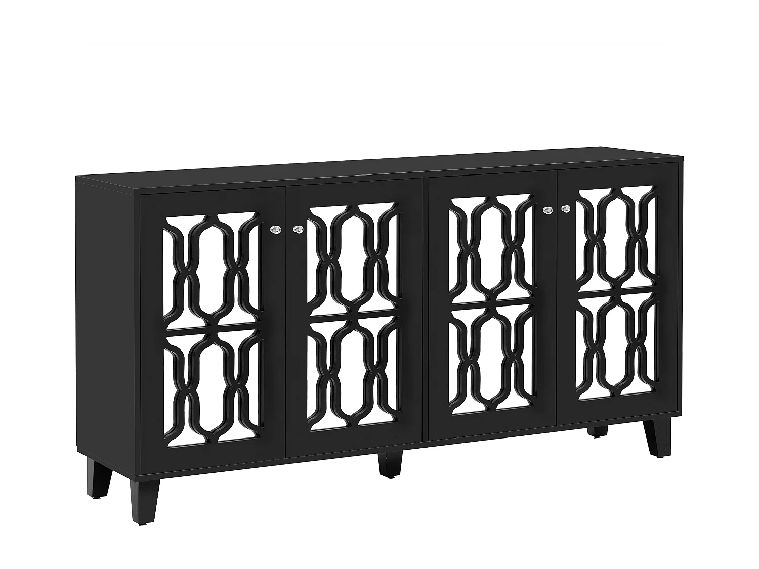 Eetkamerdressoir van hout met 4 spiegeldeuren, zwart salondressoir 160x40x84 cm - verstelbare planken