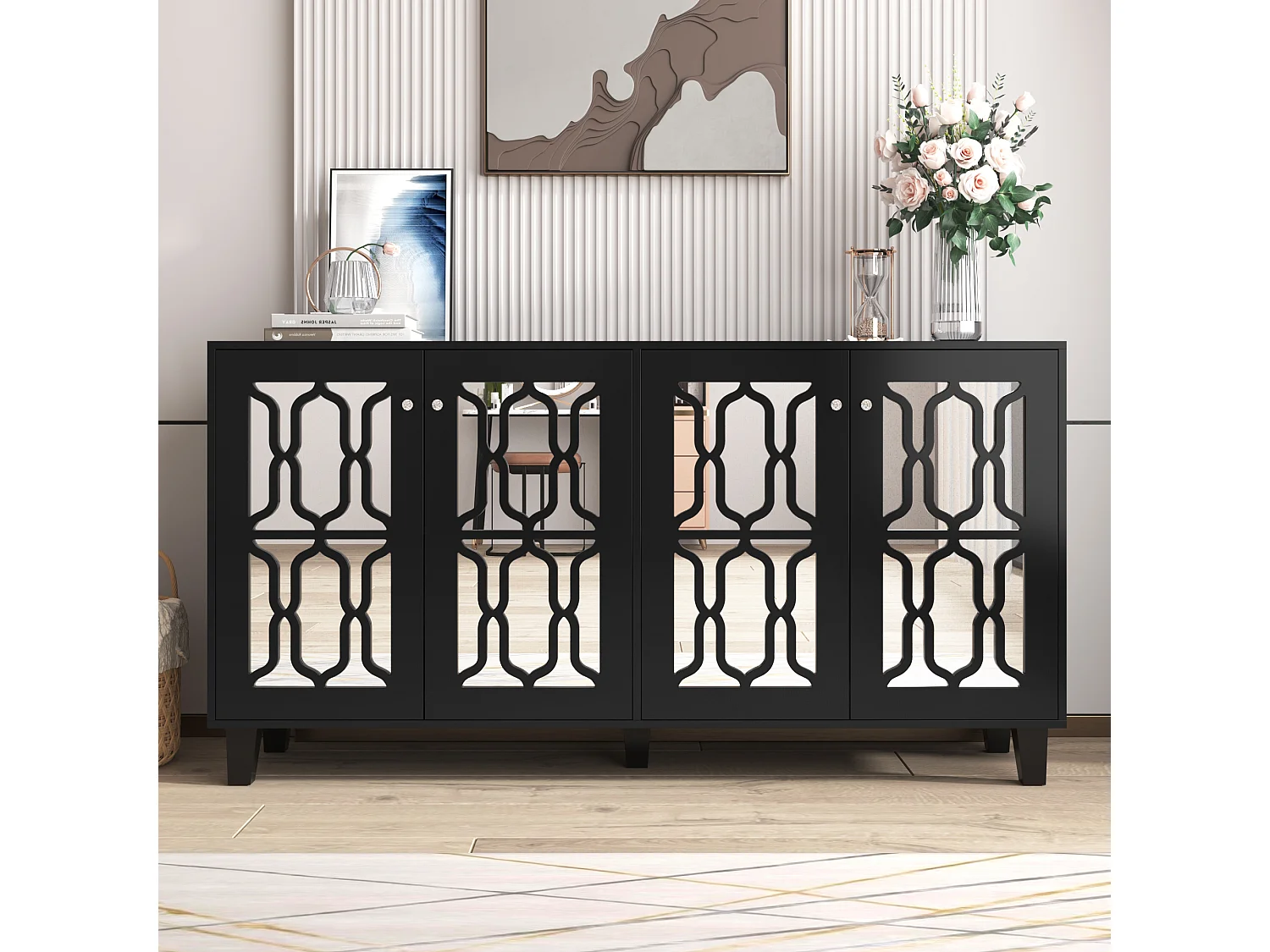 Eetkamerdressoir van hout met 4 spiegeldeuren, zwart salondressoir 160x40x84 cm - verstelbare planken