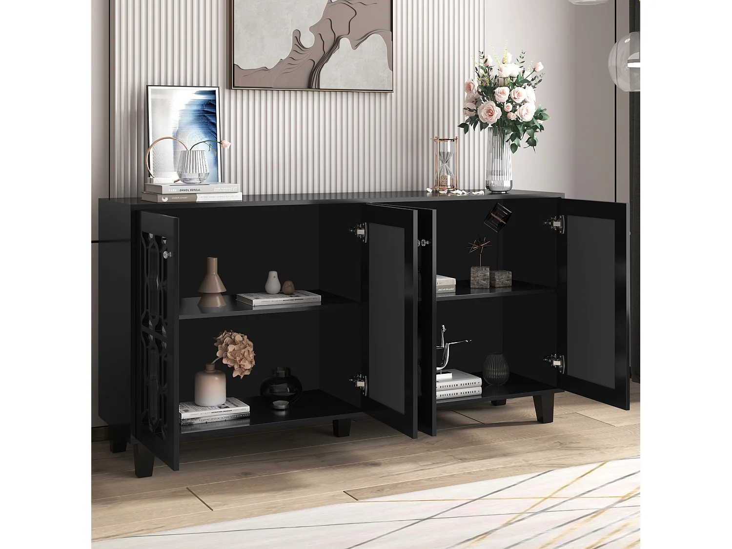 Buffet 160x40x84 cm, 4 portes, 2 étagères intérieures mobiles, pieds en bois, MDF, noir