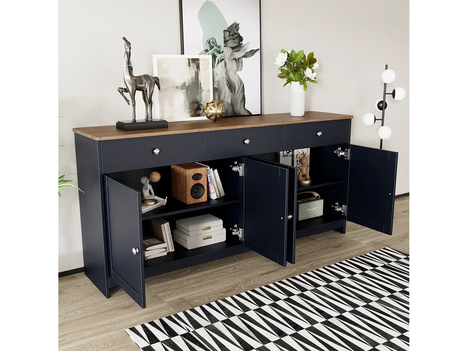Buffet 160x37x75 cm avec 3 tiroirs  meuble de rangement 4 portes en noir et gris