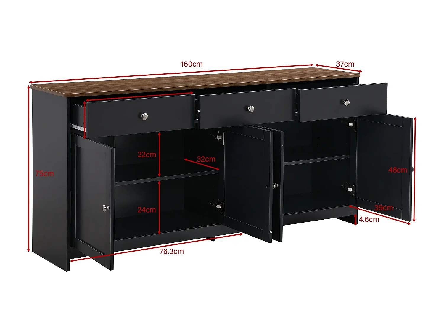 Buffet 160x37x75 cm avec 3 tiroirs  meuble de rangement 4 portes en noir et gris