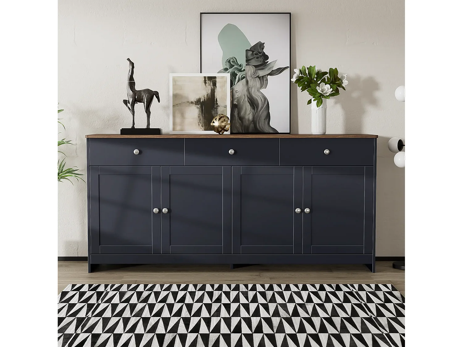 Buffet 160x37x75 cm avec 3 tiroirs  meuble de rangement 4 portes en noir et gris