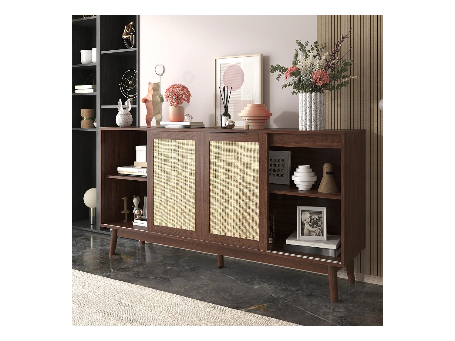 Buffet haut salon avec porte coulissante en rotin + 2 tiroirs - meuble de rangement en bois 155x38x80 cm - bois foncé