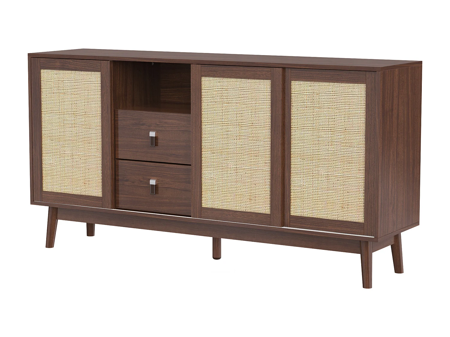 Buffet 155x38x80 cm avec porte coulissante en rotin + 2 tiroirs - meuble de rangement en bois - bois foncé