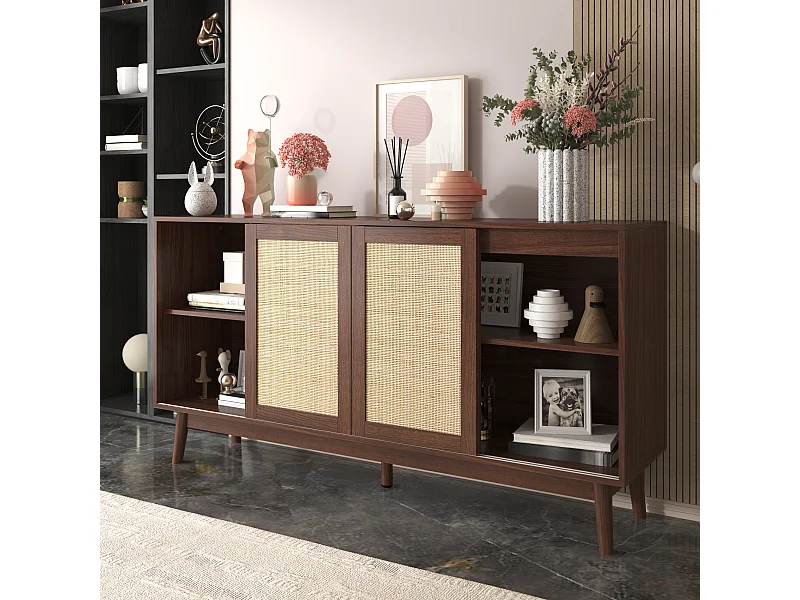 Hoge dressoir met rotan schuifdeur + 2 laden - houten opbergmeubel 155x38x80 cm - donker hout