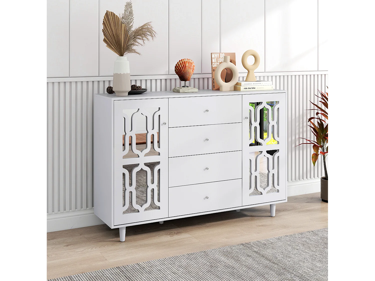 Buffet salle à manger bois avec 2 portes miroir 4 buffet salon blanc 147.5x40x102 cm - étagères réglables