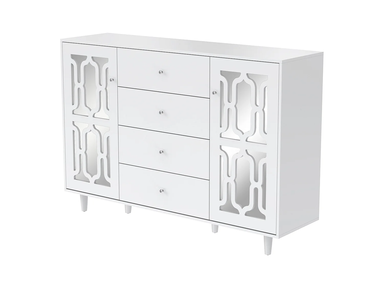 Buffet salle à manger bois avec 2 portes miroir 4 buffet salon blanc 147.5x40x102 cm - étagères réglables