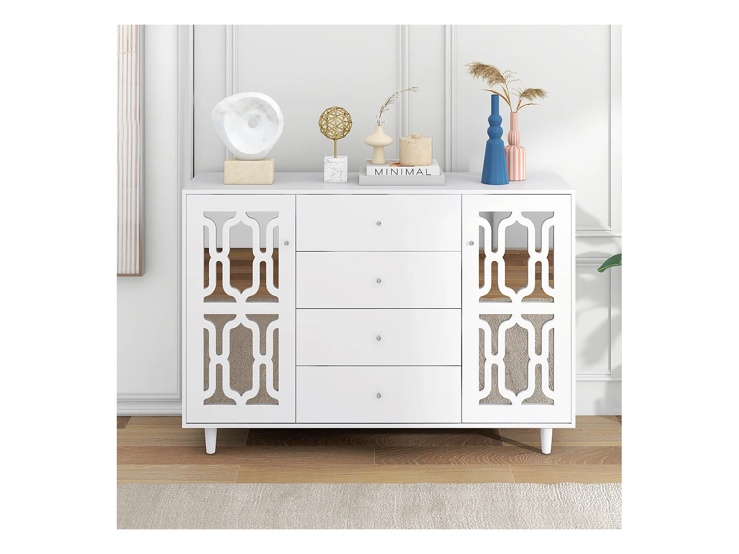 Buffet salle à manger bois avec 2 portes miroir 4 buffet salon blanc 147.5x40x102 cm - étagères réglables