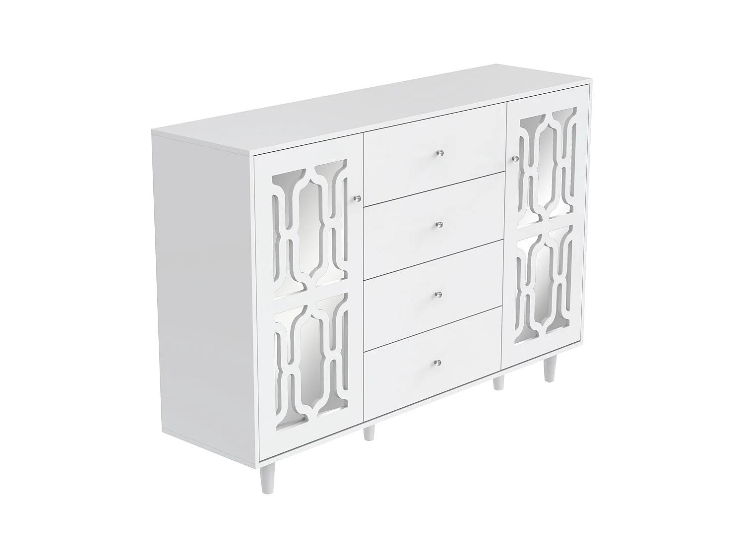 Buffet salle à manger bois avec 2 portes miroir 4 buffet salon blanc 147.5x40x102 cm - étagères réglables