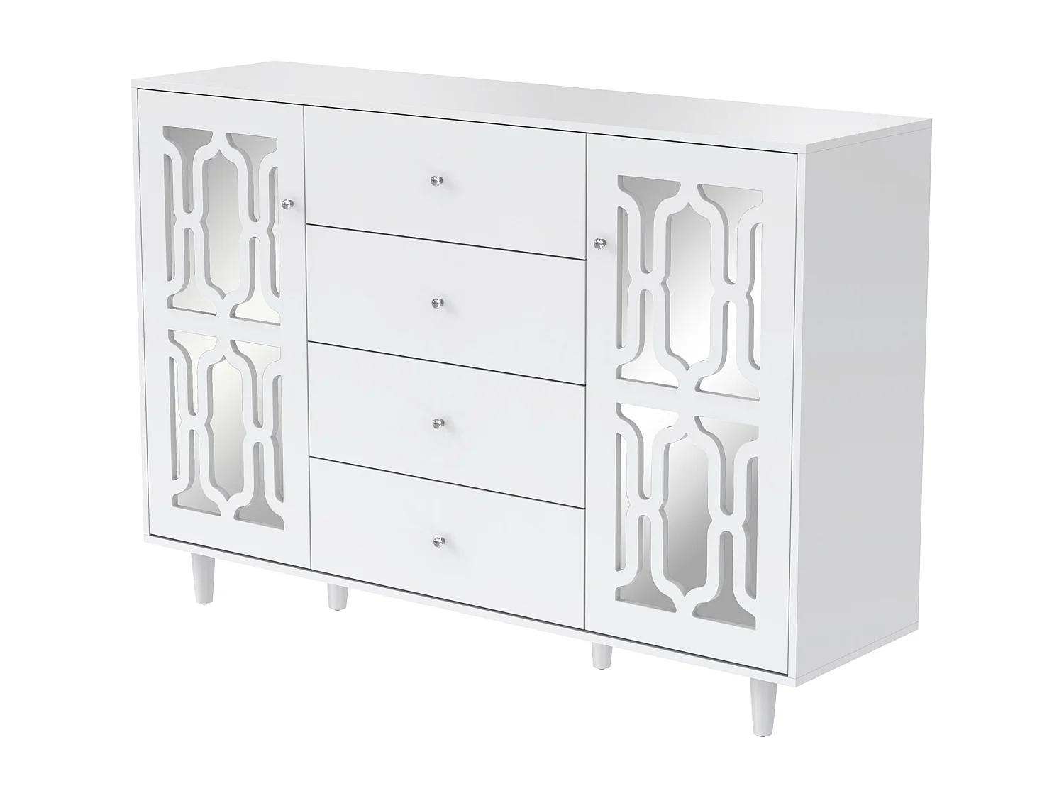 Buffet 147.5x40x102 cm avec 2 portes miroir 4 buffet salon blanc - bois - étagères réglables