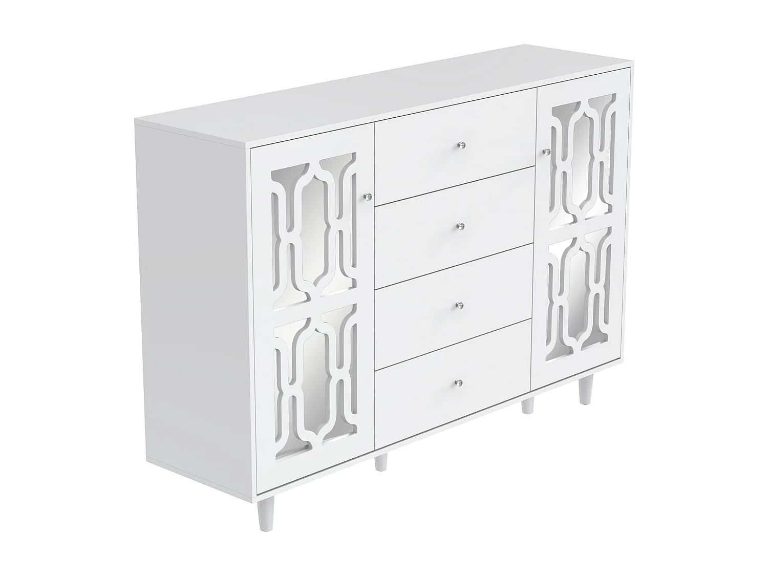 Buffet 147.5x40x102 cm avec 2 portes miroir 4 buffet salon blanc - bois - étagères réglables