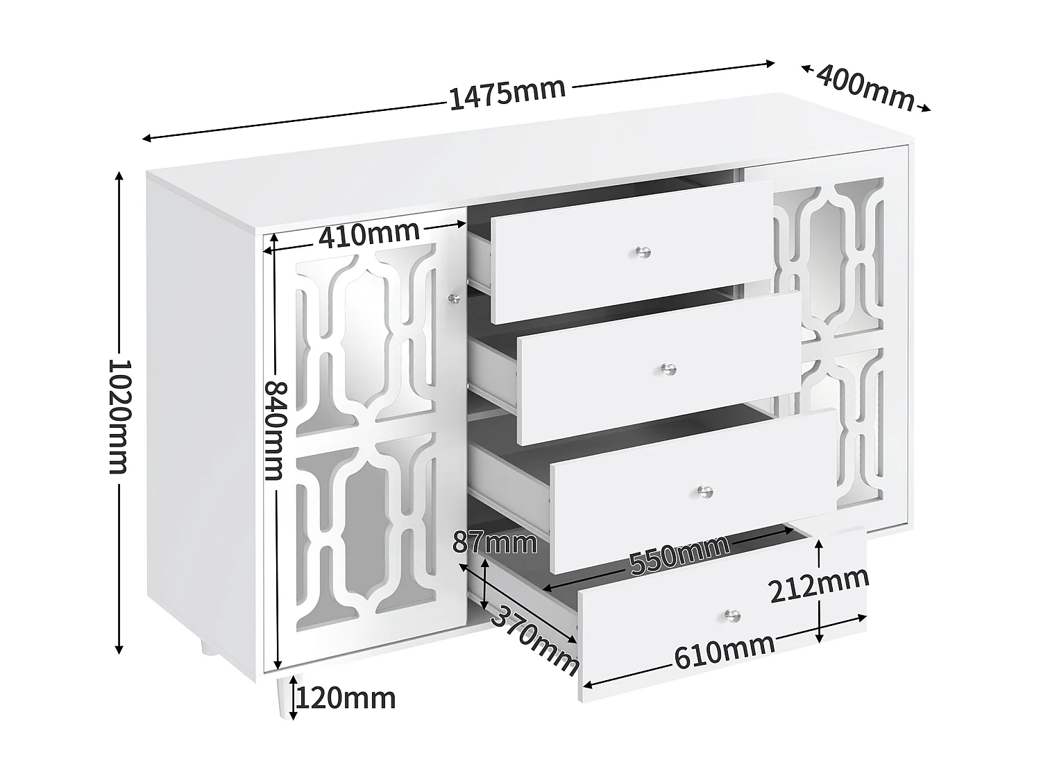 Buffet 147.5x40x102 cm, grand rangement, 2 portes et 4 tiroirs, plateau effet miroir, MDF blanc