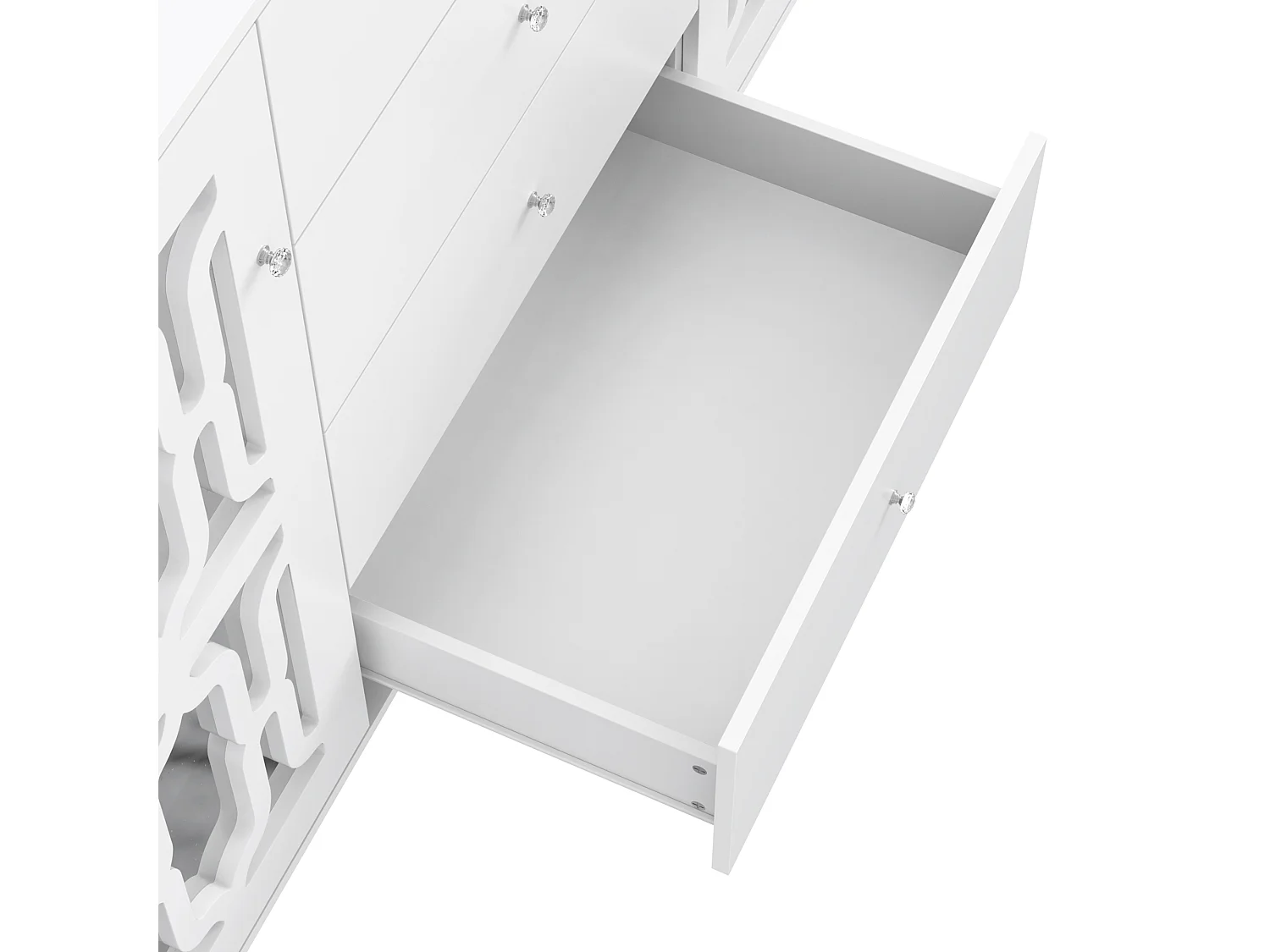 Buffet 147.5x40x102 cm, grand rangement, 2 portes et 4 tiroirs, plateau effet miroir, MDF blanc