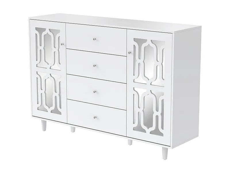 Credenza da pranzo con 2 ante a specchio e 4 cassetti - maniglie in cristallo - legno - bianco (147,5x40x102cm)