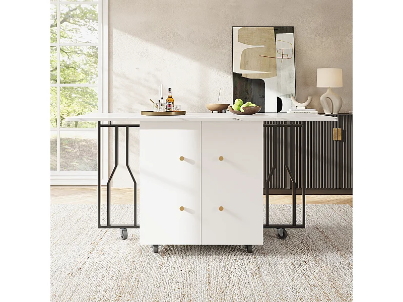 Desserte de cuisine mobile 2 portes Îlot de cuisine en bois avec plateau extensible - pieds en métal noir (80-140)x75x76.3 cm