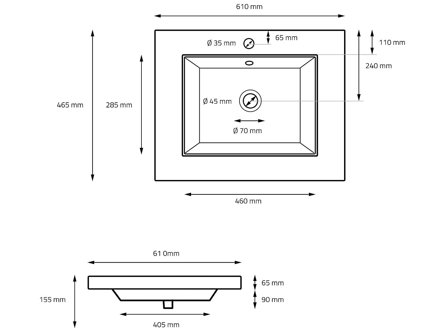 Lavabo en céramique noir mat vasque encastre pour salle de bain 610x465x155 mm
